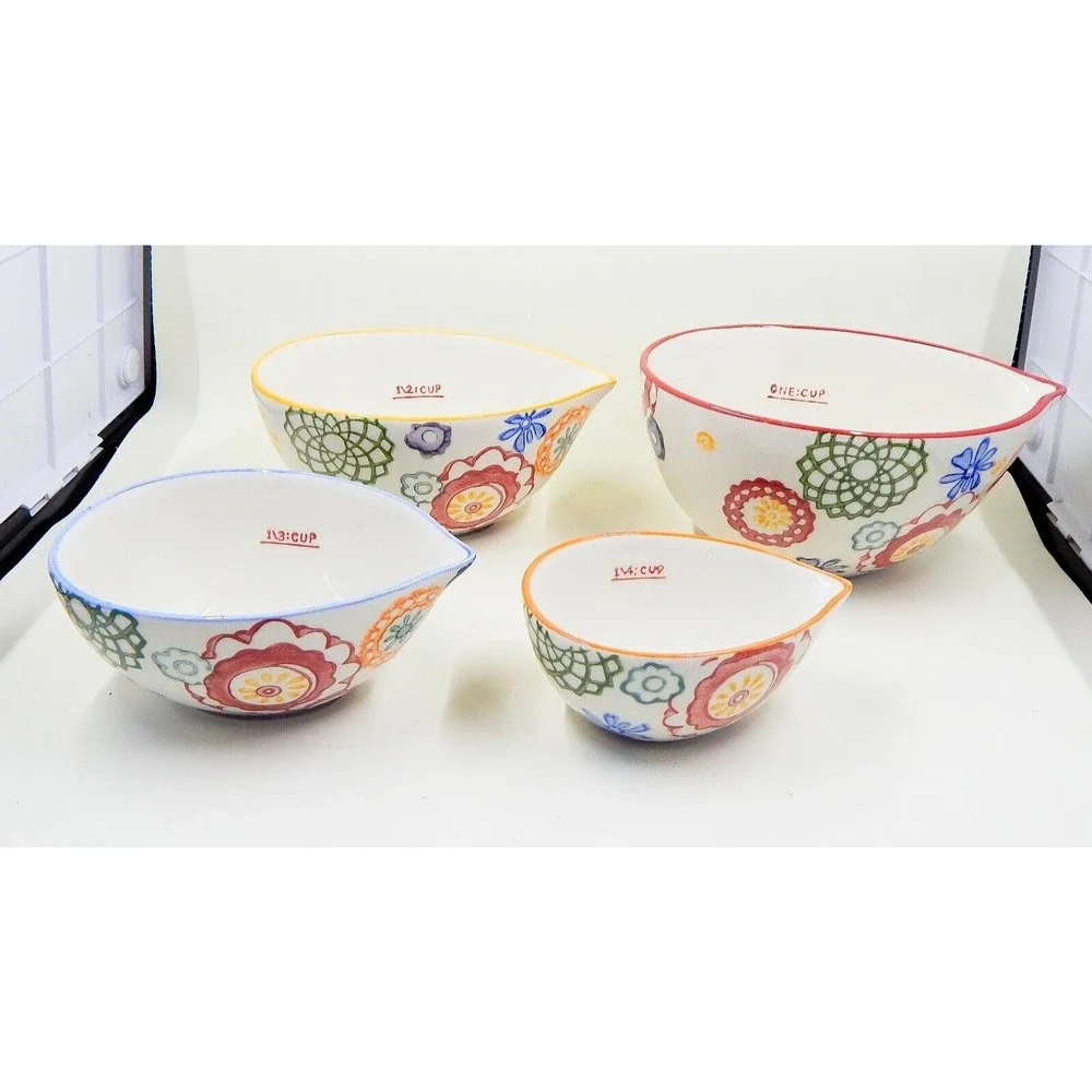 Pier 1 Imports Floral Hand Painted Stoneware Measuring Cups Set of 4